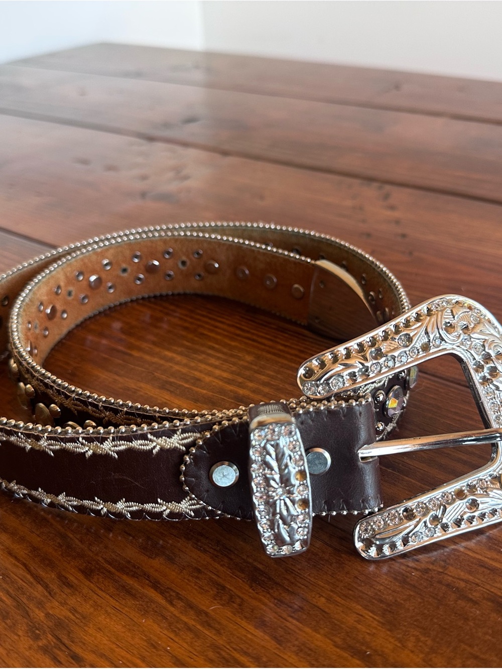 Brown Leather Women’s Studded Western Belt with Decorative Silver Buckle